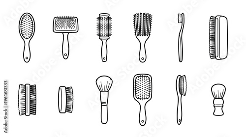 Collection of various brushes including hair, makeup, nail, and shaving brushes in a simple line art style illustration.