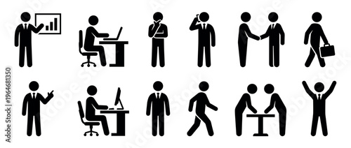 Businessmen stick figures engaged in various office and corporate activities, illustrating different professional roles and interactions.