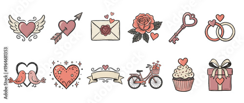 Collection of hand-drawn love and romance symbols, perfect for Valentine's Day designs, wedding invitations, or romantic greeting cards.