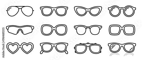 Eyeglasses and sunglasses outline icon collection featuring various styles for fashion, vision, and protection.