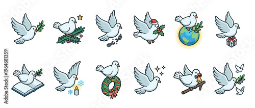 Cartoon white doves with various symbols representing peace, freedom, hope, and holiday celebrations in a charming vector illustration set.
