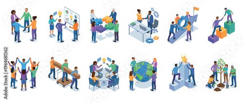 Diverse business teams collaborating in isometric illustrations, demonstrating successful strategies, problem-solving, and achieving shared goals through partnership.