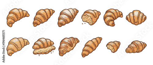 Croissants illustration set with various delicious French pastries, some whole, some bitten, and some sprinkled with powdered sugar.