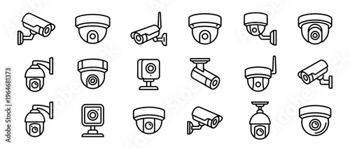 Security cameras icon set featuring various types of surveillance devices for monitoring and protection in a modern line art style.