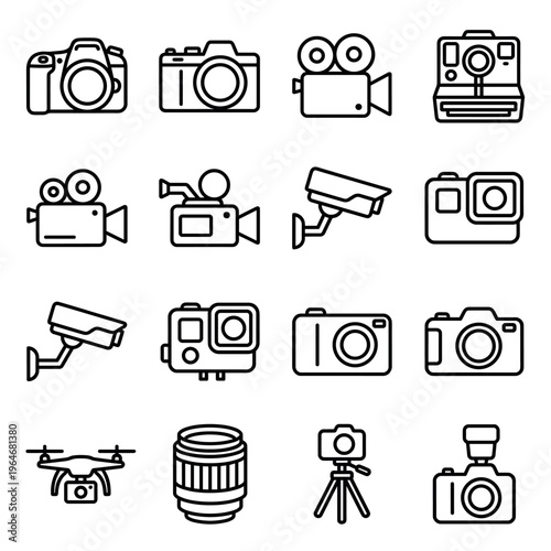Photography and videography equipment icons set featuring various cameras, video recorders, security systems, and accessories for digital media creation.