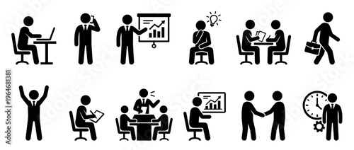 Business people stick figures engaged in various office activities, illustrating concepts of work, meetings, success, and time management.