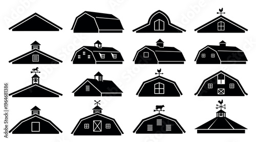 Collection of barn roofs and farm building silhouettes featuring different architectural styles, cupolas, dormers, and weather vanes.
