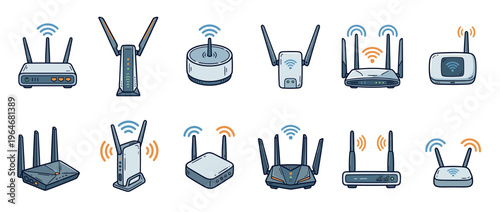 Set of different Wi-Fi routers and internet modems with antennas, showcasing wireless technology in a playful cartoon style.
