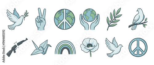 Illustrative set of peace symbols and anti-war icons, featuring doves, olive branches, peace signs, and a broken rifle, promoting global harmony and environmental protection.