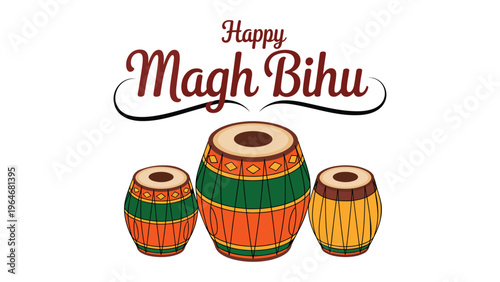 Happy Magh Bihu typography design with traditional Assamese dhol drum illustration festive harvest festival of Assam celebrating culture tradition joy