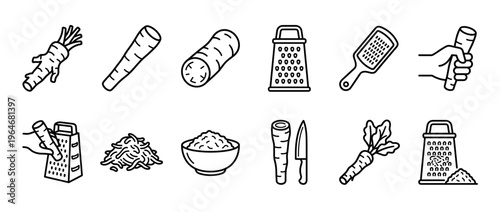 Grating root vegetable icons showing fresh produce, kitchen graters, and shredded ingredients for culinary preparation.