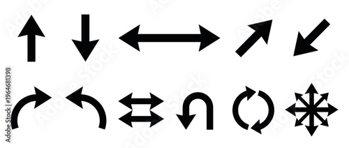 Arrows icons set showing various directions and movements for navigation, indication, and user interface design elements.