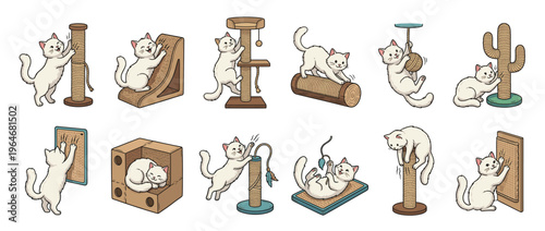 Cute cartoon cats happily playing, scratching, and climbing on various scratching posts and cat trees, demonstrating typical feline behavior.