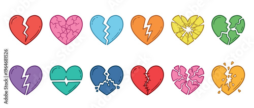 Collection of colorful broken heart icons representing sadness, heartbreak, and emotional pain in a cartoon style illustration.