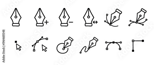 Pen tool icons for vector graphic design software interface elements representing path creation and manipulation functions.