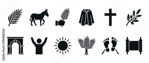 Christian icons and religious symbols representing the events of Easter, Palm Sunday, and the life of Jesus Christ.
