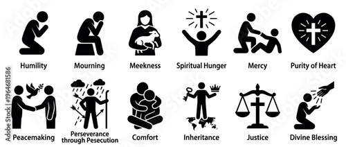 Stick figure icons illustrating various spiritual concepts and moral virtues such as humility, mercy, justice, and divine blessing.