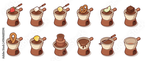 Chocolate fondue pots with various dipping items like fruits, marshmallows, and pastries, alongside a chocolate fountain in a charming isometric illustration.