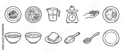 Food and kitchenware icons representing healthy eating, cooking, and portion control for various meals and ingredients in a hand-drawn style.