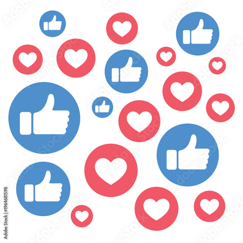 Social media like and love icons in red and blue circles