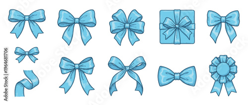 Collection of various blue bows, ribbons, and a gift box illustration in an engraved style, perfect for festive decorations and gift wrapping designs.