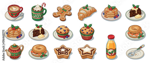 Christmas food and drinks, a delightful collection of festive holiday treats and winter breakfast items, perfect for seasonal celebrations.