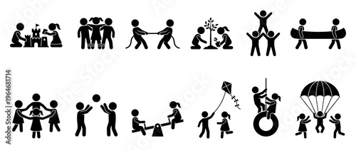 Children stick figures engaging in various outdoor and indoor play activities, illustrating childhood fun, social interaction, and development.