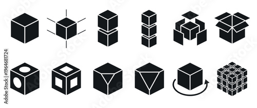 Isometric cube icons set featuring various geometric shapes, 3D boxes, and abstract forms for design and conceptual illustrations.