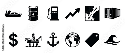 Global trade and oil industry icons illustrating economic concepts, international shipping, energy production, and financial markets.