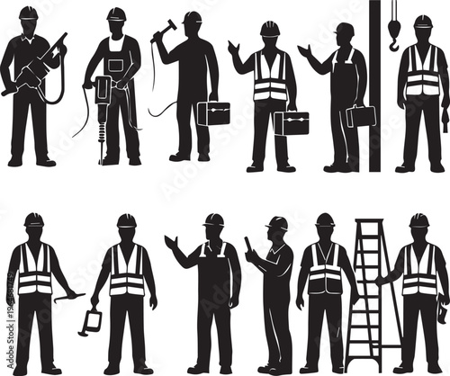 Construction worker silhouettes standing with tools and safety vests