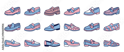 Collection of various stylish loafers and slip-on shoes in pink and blue colors, featuring both pixel art and cartoon styles.