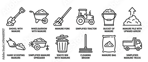 Manure farming tools agriculture icons collection featuring various equipment for handling and spreading organic fertilizer in a simplified line art style.