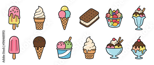 Colorful ice cream and frozen dessert collection featuring various sweet treats like popsicles, cones, sundaes, and sandwiches.