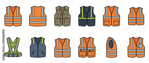 Safety vests collection featuring various types of high-visibility workwear, utility vests, and reflective safety gear for construction and industrial workers.