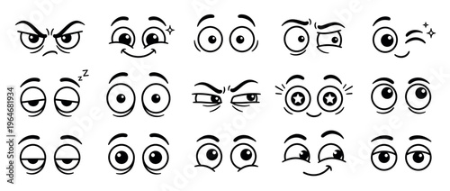 Cartoon eyes facial expressions emotions vector illustration set depicting various moods and feelings with different eye shapes and pupil positions.
