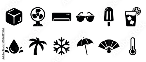 Summer icons collection featuring various symbols of heat, cooling, and vacation elements for web and print designs.