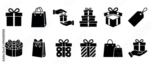 Gift boxes, shopping bags, and present icons set for holidays, celebrations, and retail promotions, featuring various styles and actions.