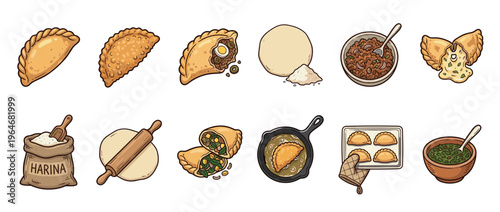 Empanada preparation process illustration set featuring various stages from raw ingredients to delicious baked and fried savory pastries.