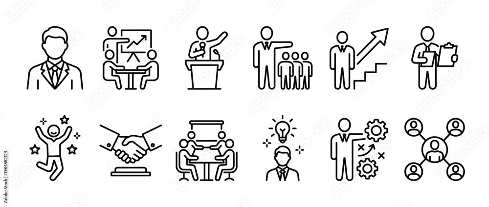 Fototapeta premium Business management teamwork success line icons set for corporate strategy, professional development, and organizational growth concepts.
