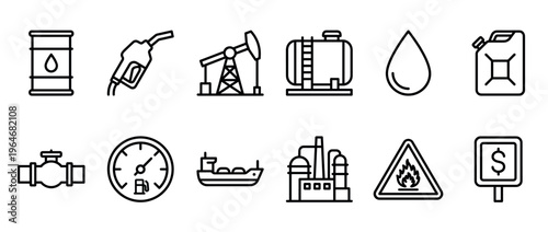 Oil and gas industry icons collection representing various aspects of petroleum production, storage, and distribution.
