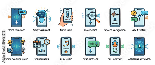 Voice assistant smartphone technology icons illustrating various digital commands, speech recognition, smart home control, and mobile device interactions.