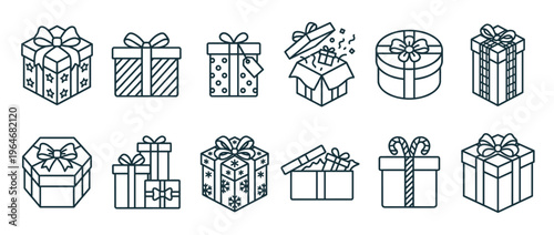 Gift boxes and presents line art icons set, featuring various shapes, patterns, and styles for celebration and holiday events.