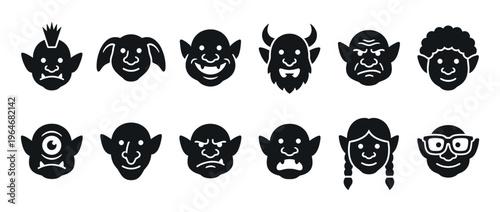 Fantasy creature faces icon set featuring various mythical beings with distinct features and expressions for graphic design projects.
