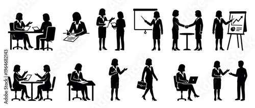 Businesswomen and business people silhouettes engaged in various professional activities like meetings, presentations, and office work.