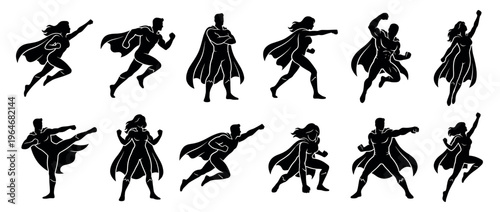 Superhero characters in various dynamic action poses, showcasing strength, power, and heroic determination in a graphic silhouette style.