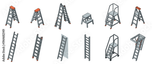 Ladders and step stools in a diverse set of designs, featuring stepladders, extension ladders, and mobile platform ladders for various tasks.
