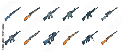 Various firearms collection isometric cartoon illustration depicting different types of rifles and shotguns for military or hunting concepts.