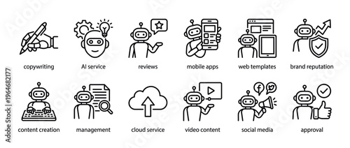 Collection of AI robot digital service icons illustrating various business and technology concepts in a modern line art style.