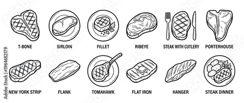 Collection of various steak cuts and a complete dinner with grilled meat, potatoes, and garnish in a detailed line art style.