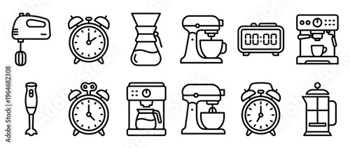 Collection of various kitchen appliances and time devices presented as modern outline vector icons for household use.